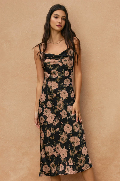 floral cowl neck high slit slip midi dress Lulus | Black Floral Satin Cowl Neck Slip Midi Dress | Womens | X-Large (Available in XXL, XXS, XS, S, M, L)