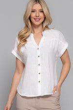 Dolman Short Sleeve Button Down Linen Effect Top