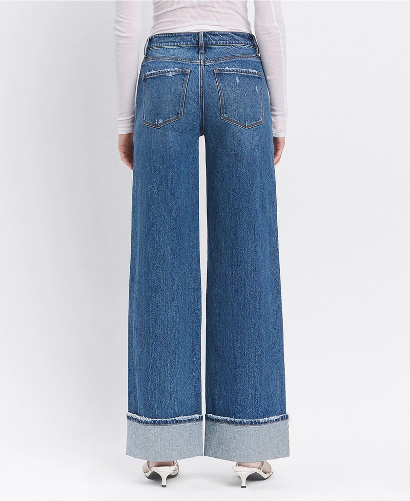 Vervet by Flying Monkey High Rise Cuffed Panel Baggy Wide Jeans