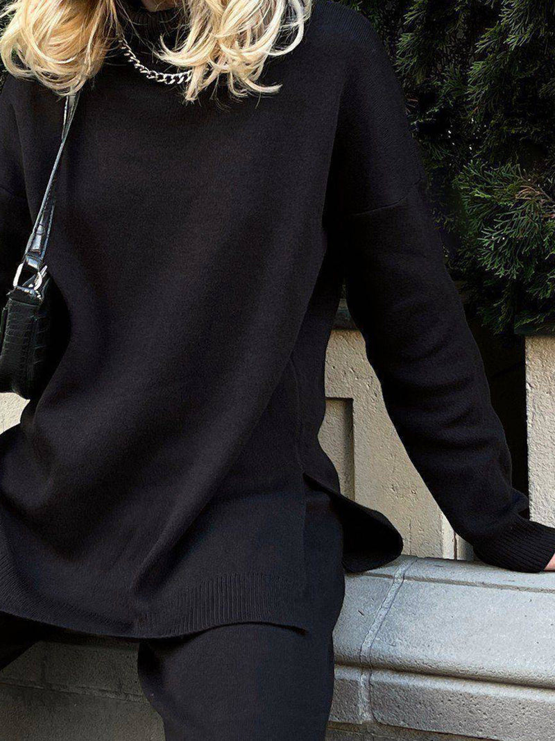 Side Slit Turtleneck Dropped Shoulder Sweater