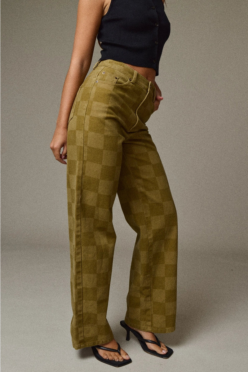 Olive Checkered Wide Leg Jeans