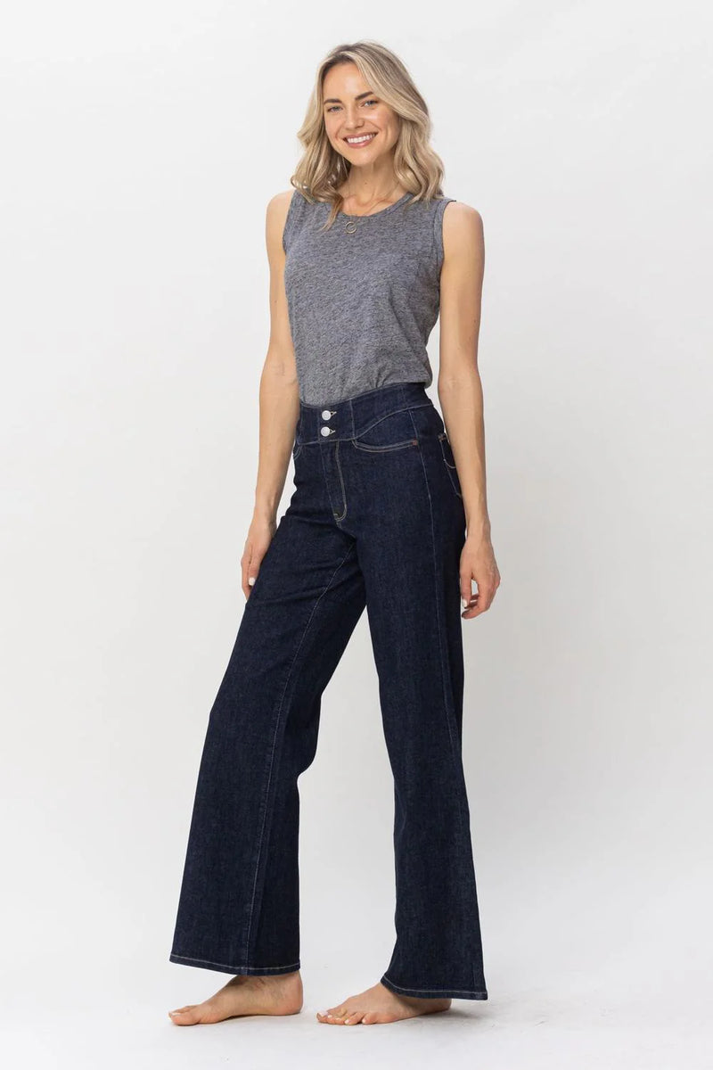 Judy Blue High Waist Rinse Wash Geometric Embroidery Wide Leg Jean