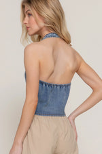 Button Down Stretch Denim Halter Top