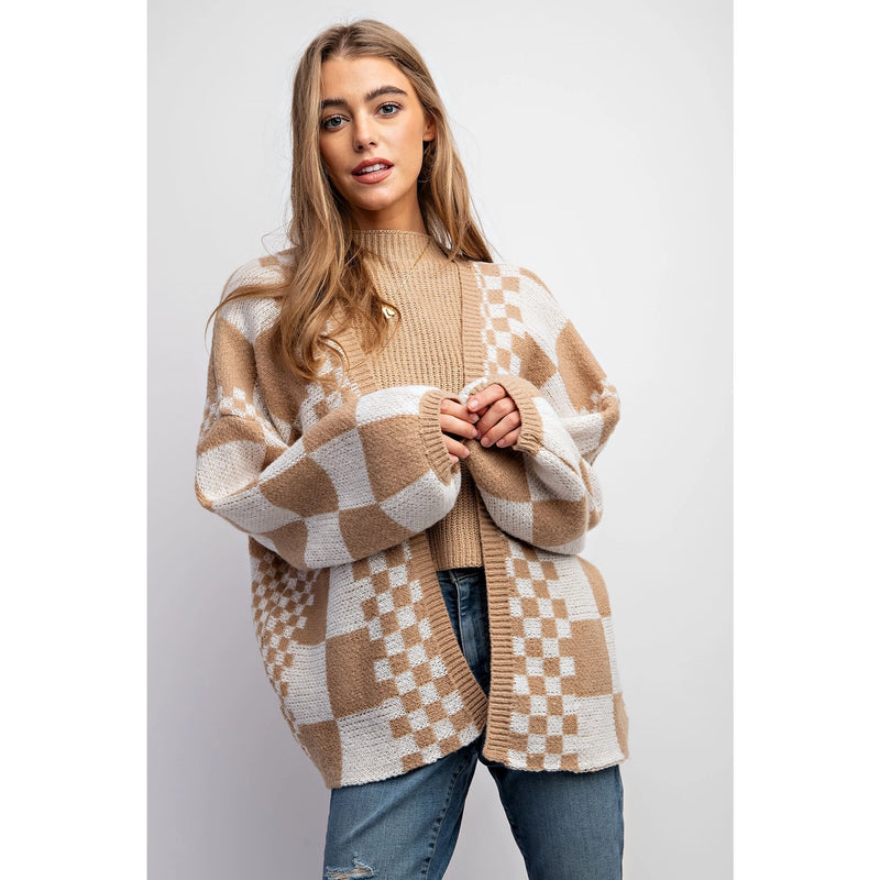 Mixed Checker Knit Drop Shoulder Cardigan