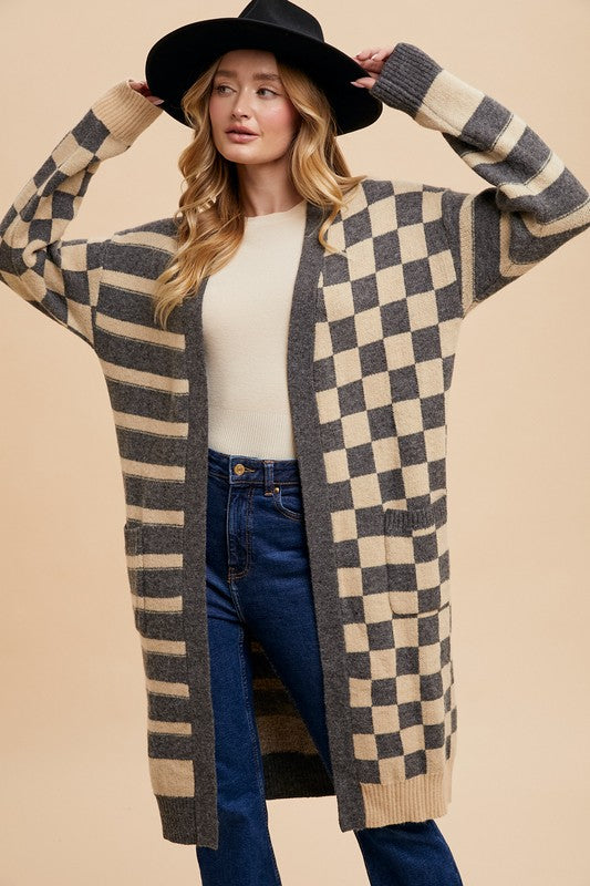 Checkered & Striped Open Front Long Sleeve Cardigan