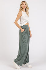 Stretch Banded Waist Wide Leg Pants with Pockets