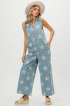 Star Print Half Zip Sleeveless Denim Jumpsuit