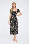 Floral Front Tie Short Puff Sleeve Midi Dress