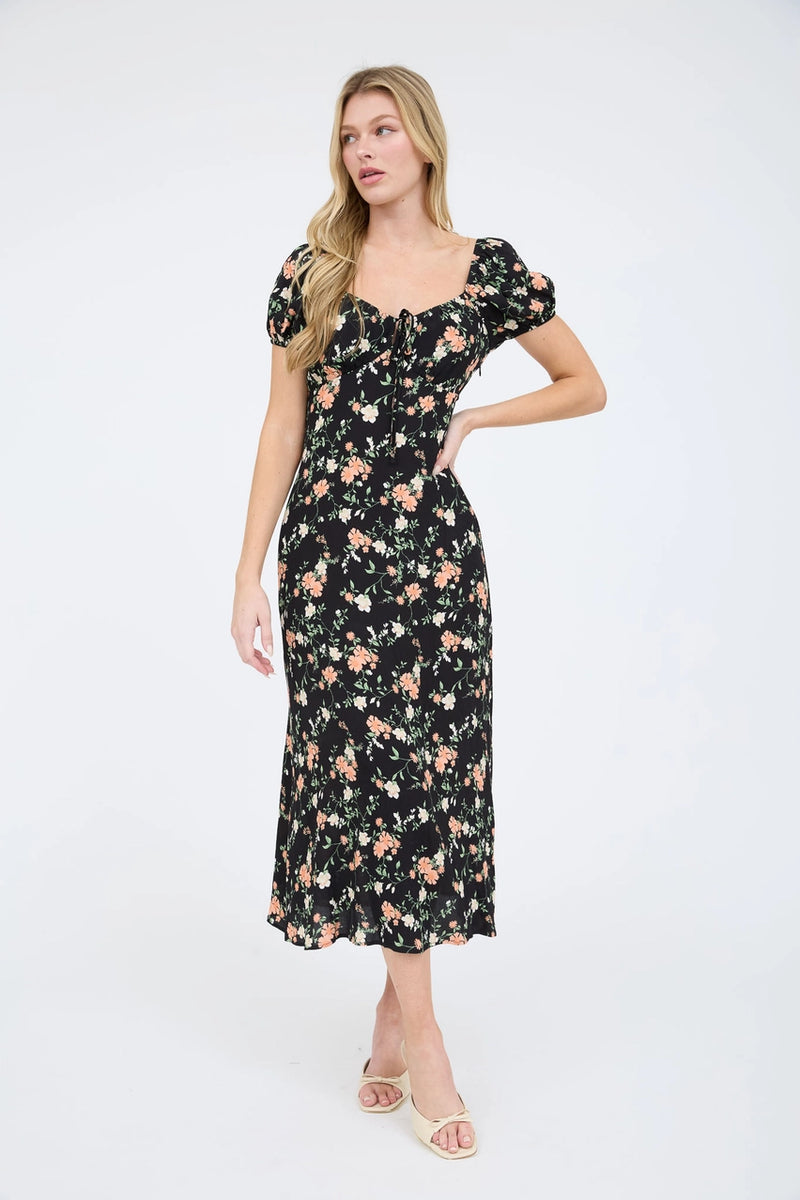 Floral Front Tie Short Puff Sleeve Midi Dress