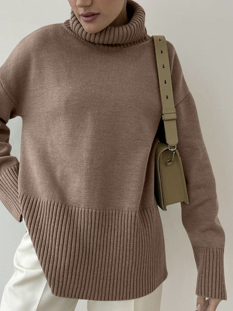 Side Slit Turtleneck Drop Shoulder Sweater