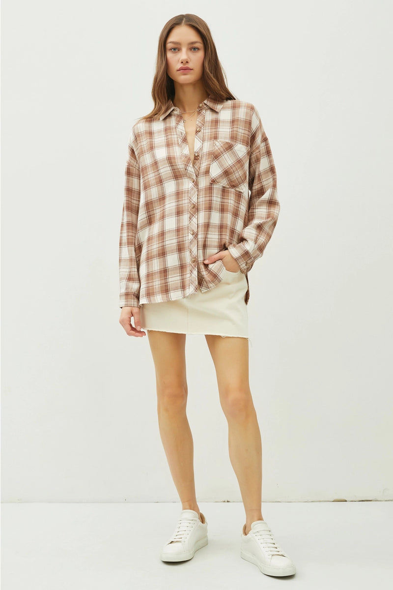 Mocha Plaid Flannel Long Sleeve Button Up Shirt