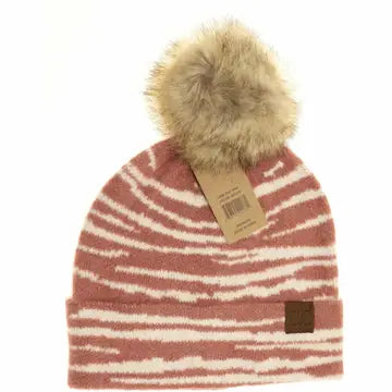 Zebra Pattern Faux Fur Pom C.C Beanie