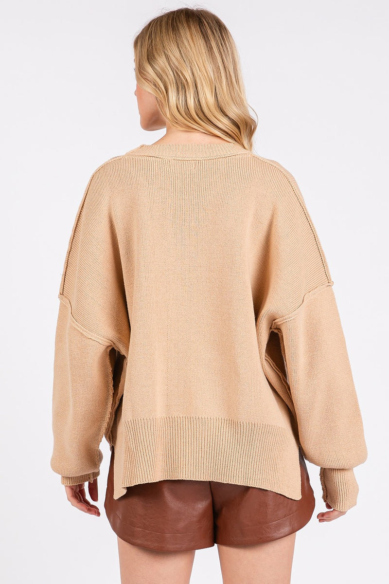 Side Slit Round Neck Drop Shoulder Sweater