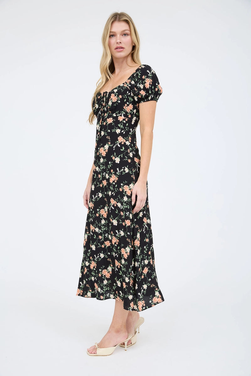 Floral Front Tie Short Puff Sleeve Midi Dress