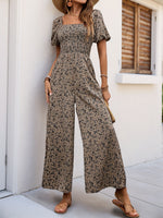 Smocked Printed Square Neck Puff Sleeve Jumpsuit