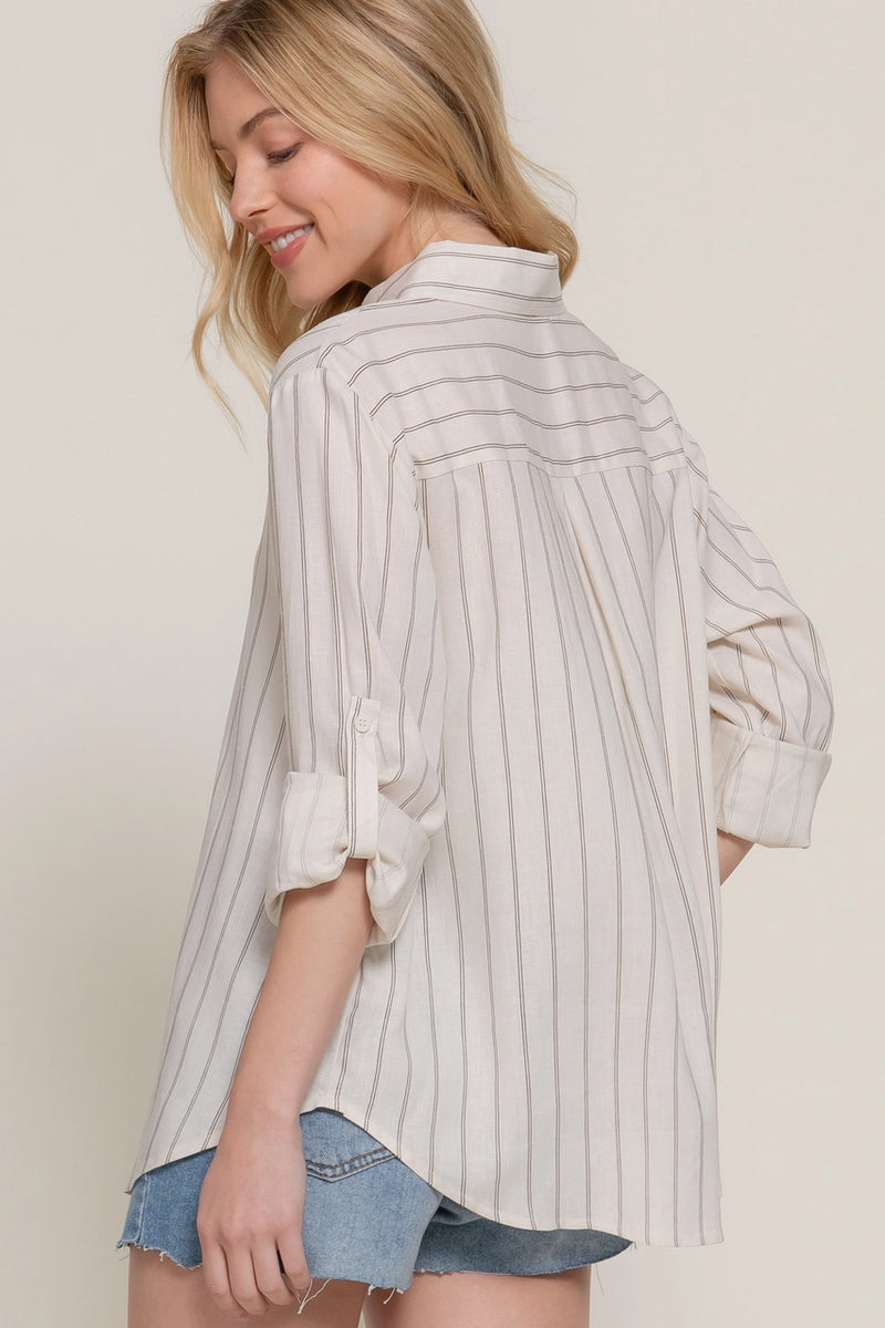 Long Sleeve Button Down Stripe Linen Oversized Shirt