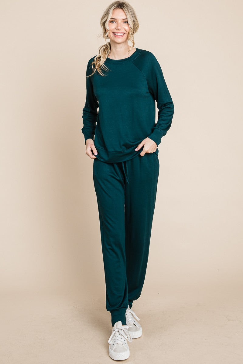 Round Neck Raglan Sleeve Top and Drawstring Pants Lounge Set