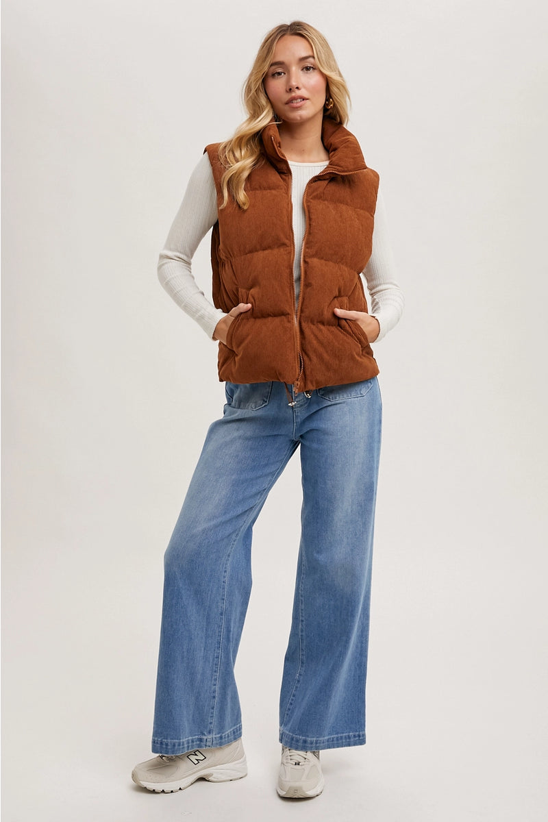 Corduroy Puffer Vest Zipper Front