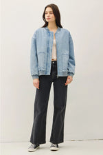 Denim Feel Bomber Jacket w/ Pockets