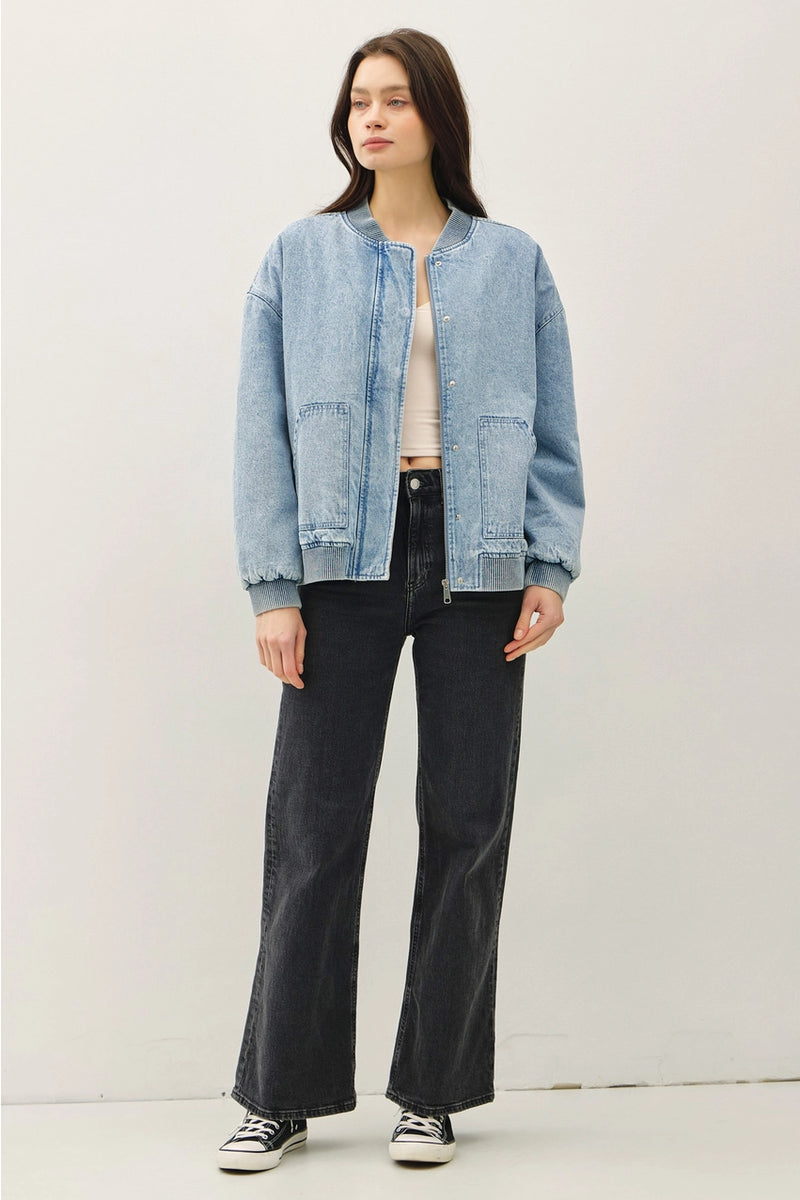 Denim Feel Bomber Jacket w/ Pockets