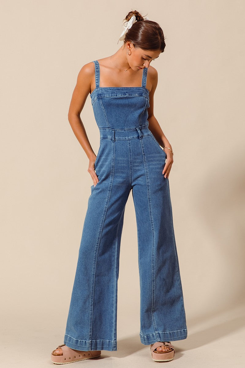 Raw Edge Washed Denim Jumpsuit
