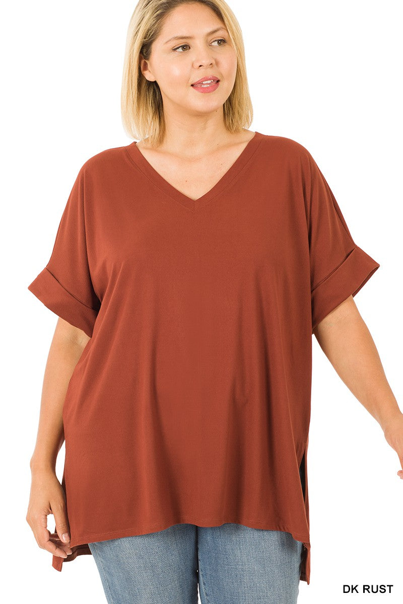 Zenana Plus Rolled Short Sleeve V-neck Top