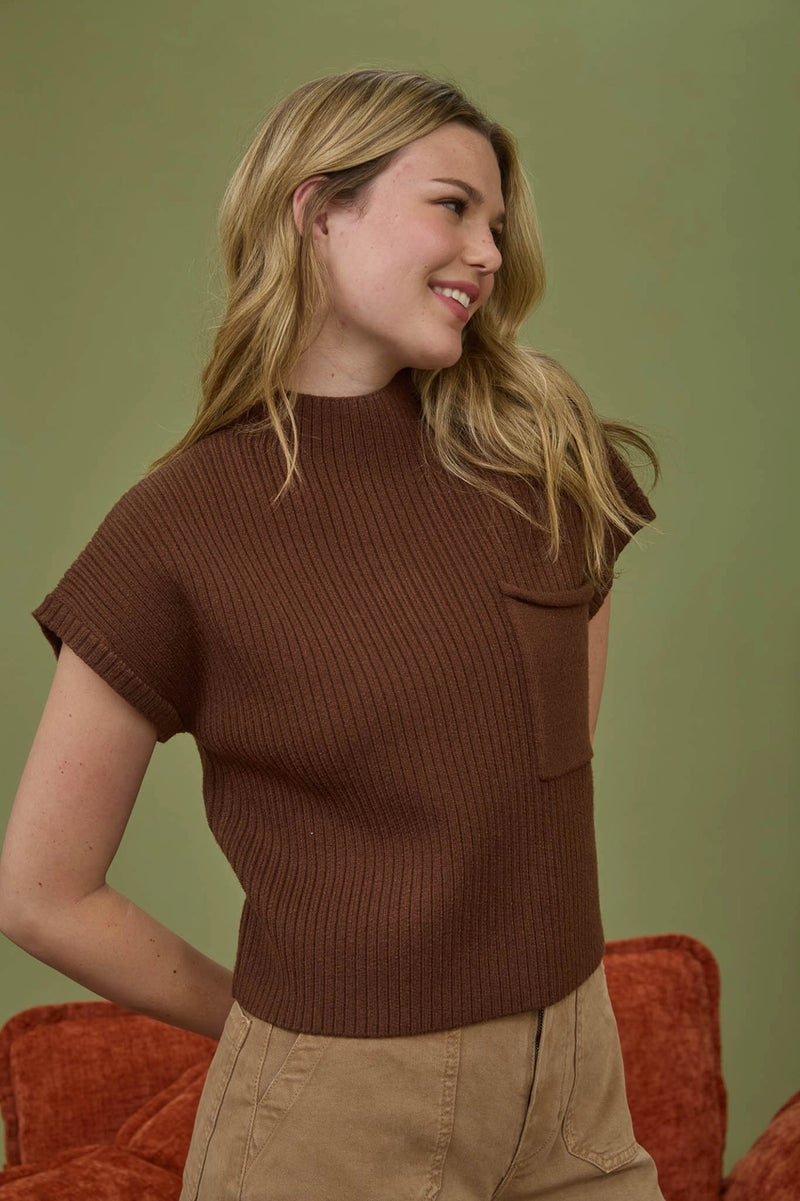 Mock Neck Pocket Detail Short Sleeve Knit Sweater