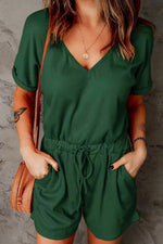 Drawstring V-Neck Short Sleeve Romper