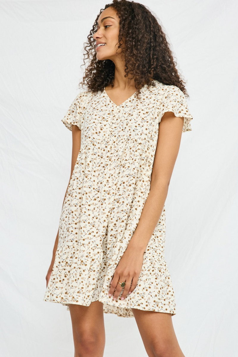 Floral Buttoned Flutter Sleeve Dress