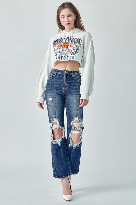 High Rise Distressed Straight Leg Jeans
