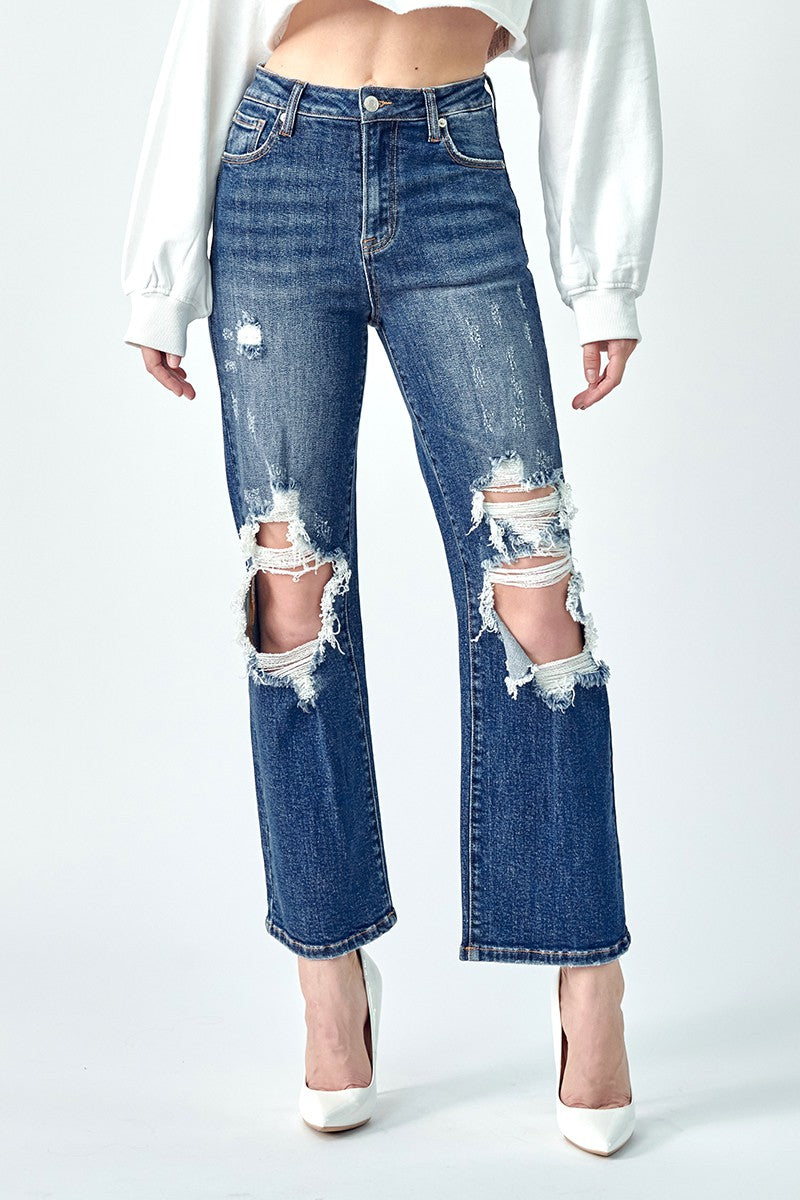 High Rise Distressed Straight Leg Jeans