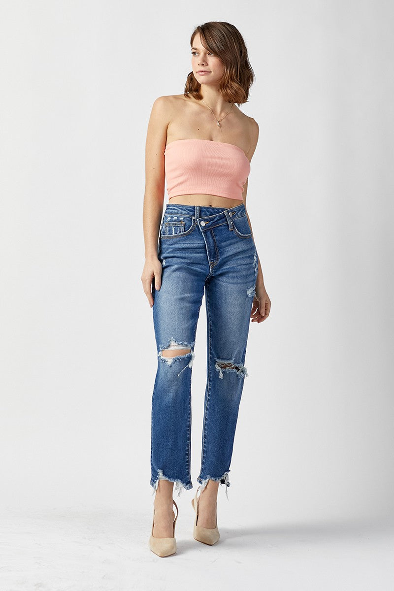 Risen Crossover Distressed Girlfriend Jeans