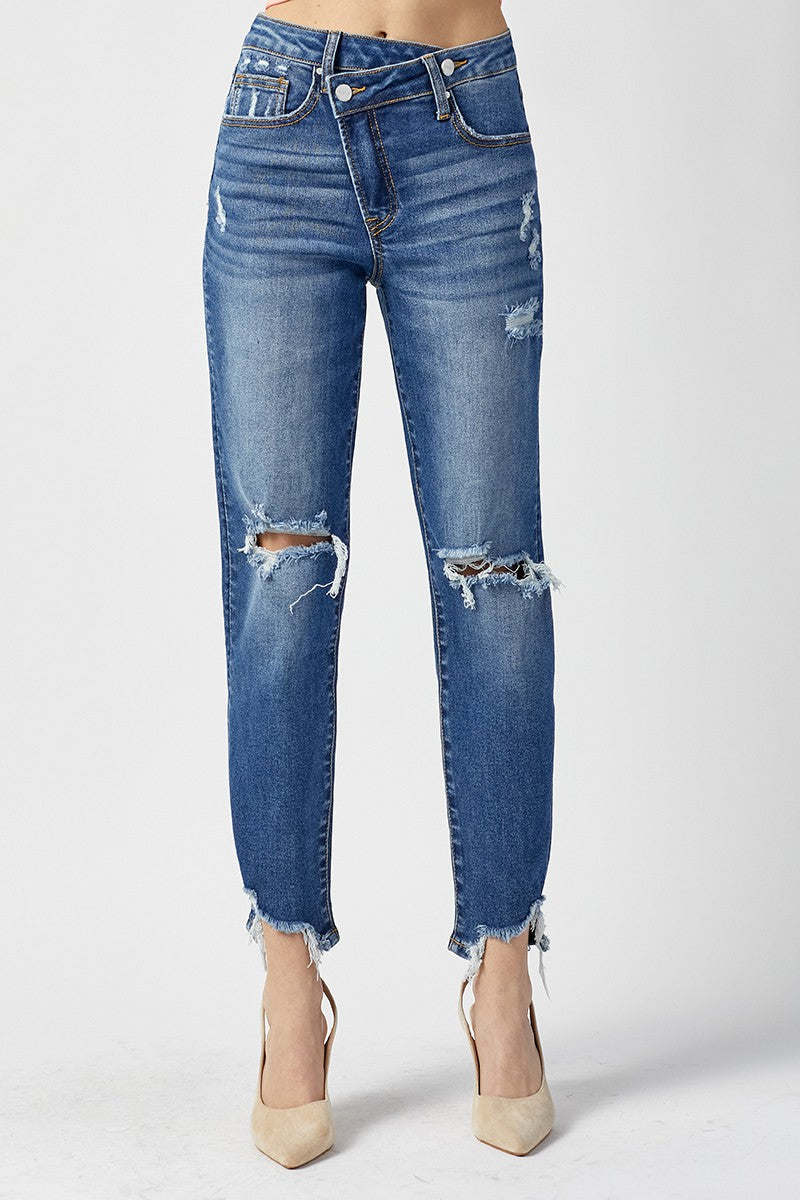 Risen Crossover Distressed Girlfriend Jeans