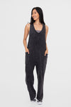 Mineral-Washed V Neck Overalls with Pockets