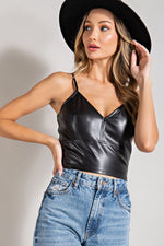 V-Neck Faux Leather Sleeveless Top
