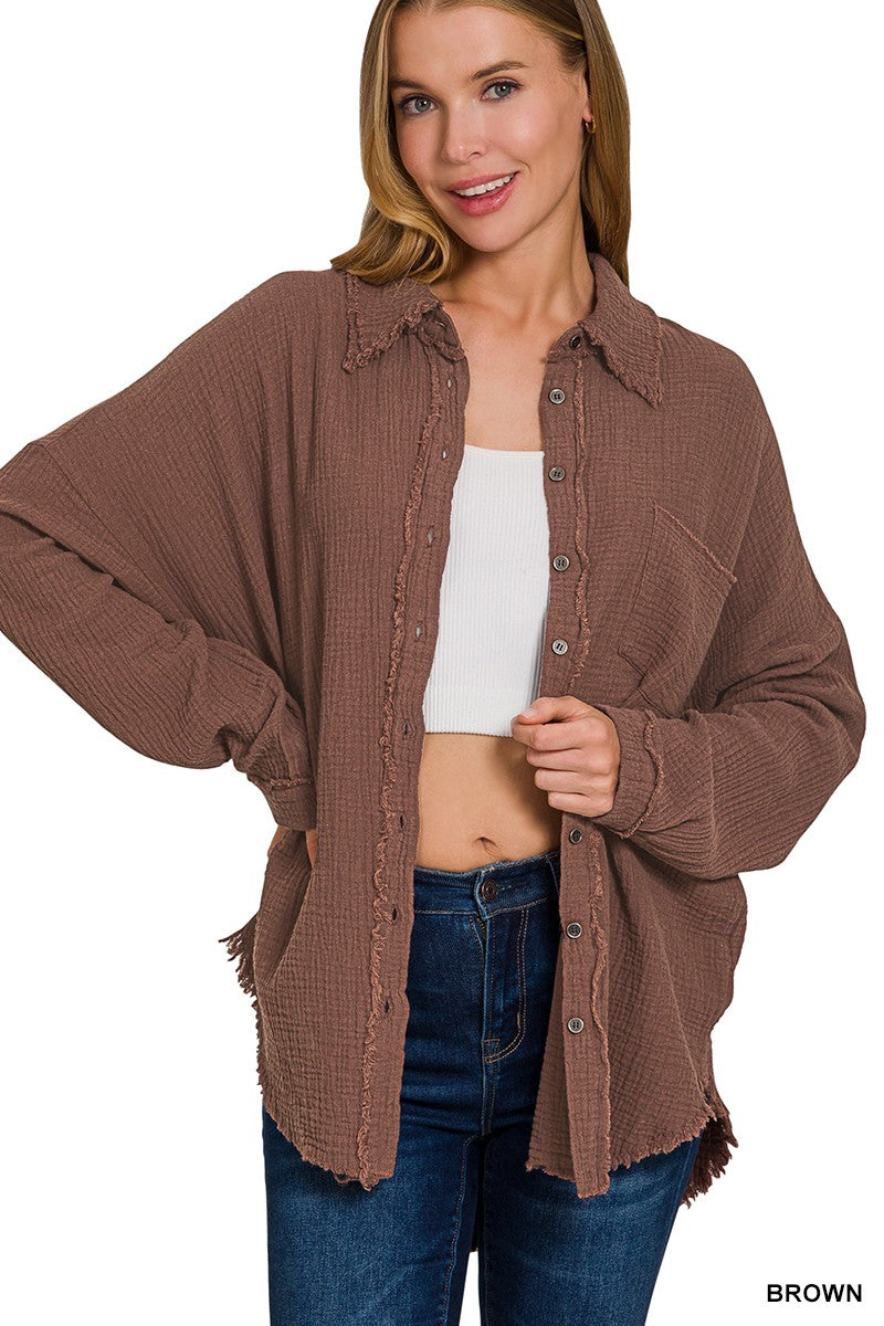 Double Gauze Oversized Raw Edge Shirt