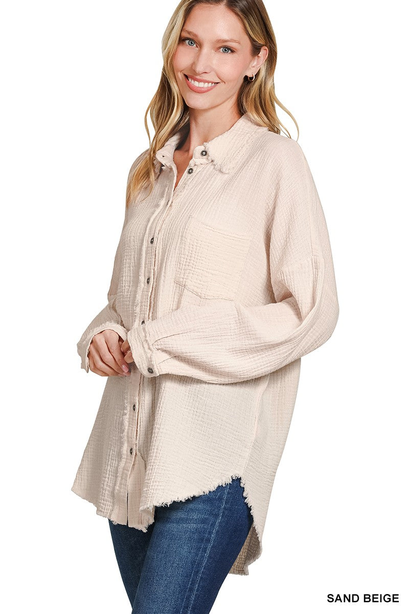 Double Gauze Oversized Raw Edge Shirt