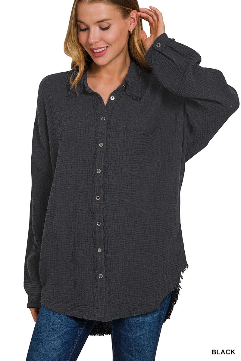 Double Gauze Oversized Raw Edge Shirt