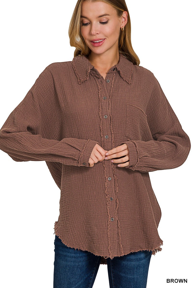 Double Gauze Oversized Raw Edge Shirt