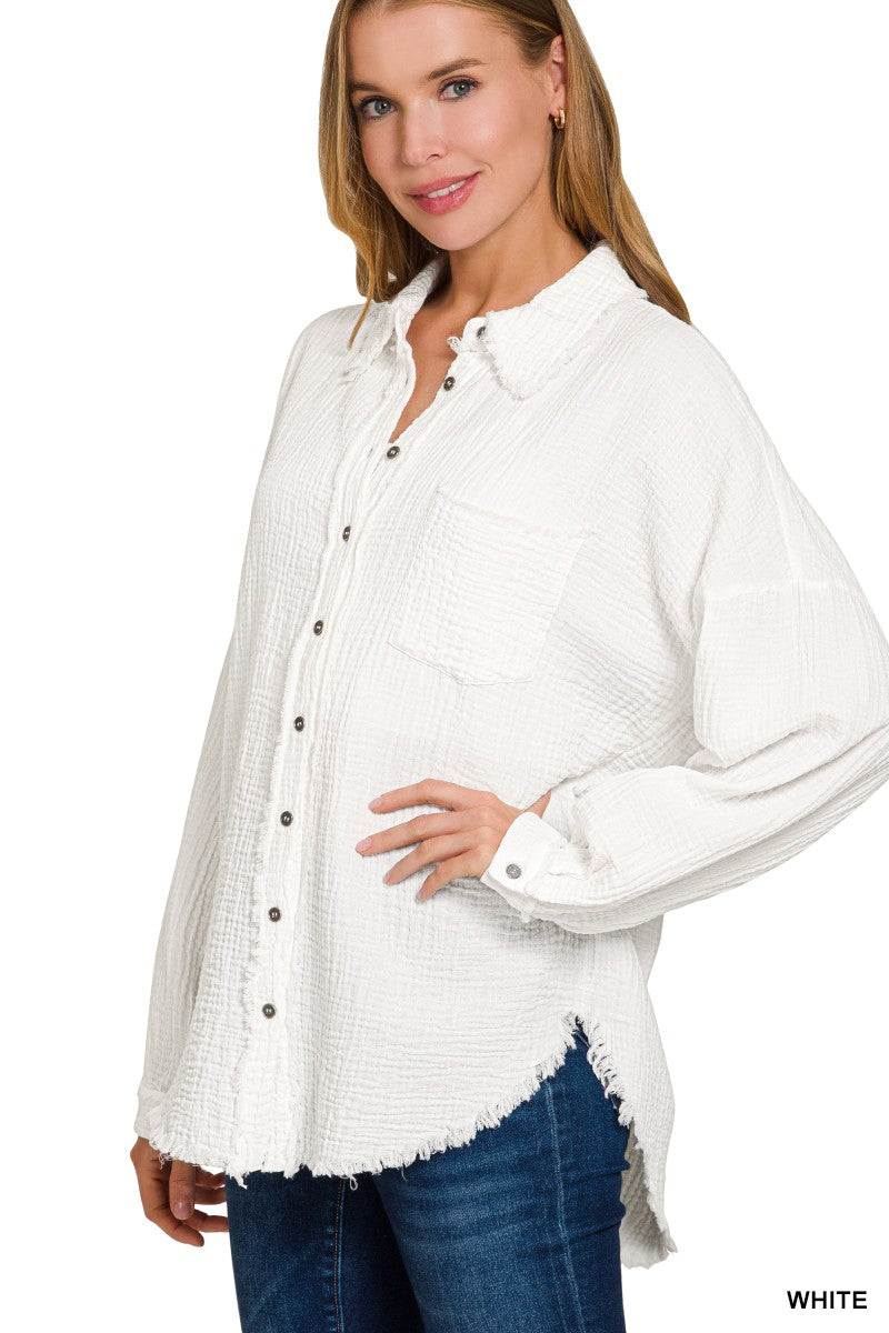 Double Gauze Oversized Raw Edge Shirt