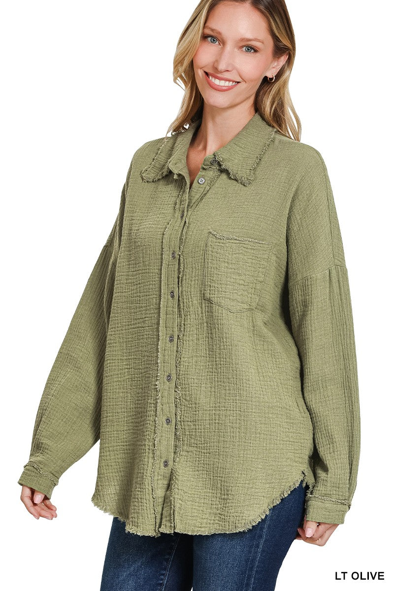 Double Gauze Oversized Raw Edge Shirt