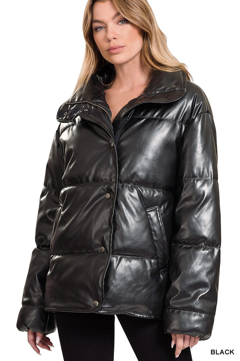 Dash Of Black Vegan Leather Puffer Jacket