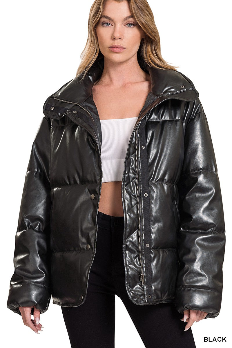 Dash Of Black Vegan Leather Puffer Jacket