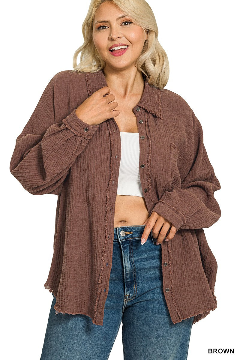 Plus Double Gauze Oversized Raw Edge Shirt
