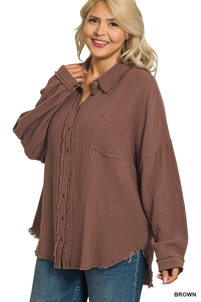 Plus Double Gauze Oversized Raw Edge Shirt