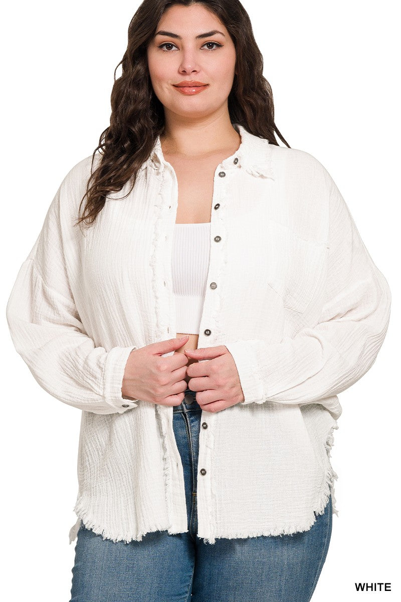 Plus Double Gauze Oversized Raw Edge Shirt