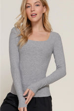 Long Sleeve Square Neck Double Layer Ribbed Knit Top