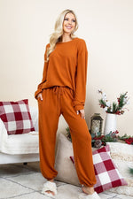 Full Size Fuzzy Hacci Brush Round Neck Top and Pants Lounge Set