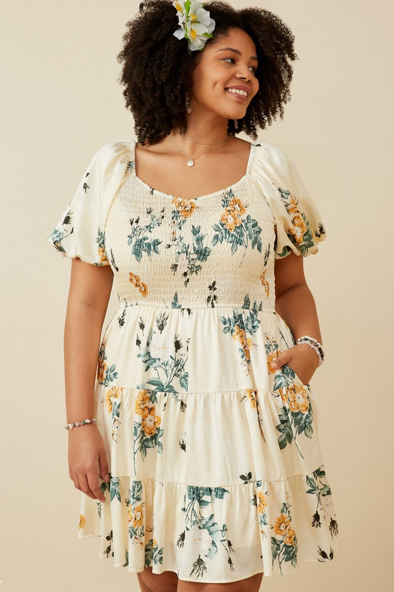 Plus Romantic Floral Smocked Sheen Dress