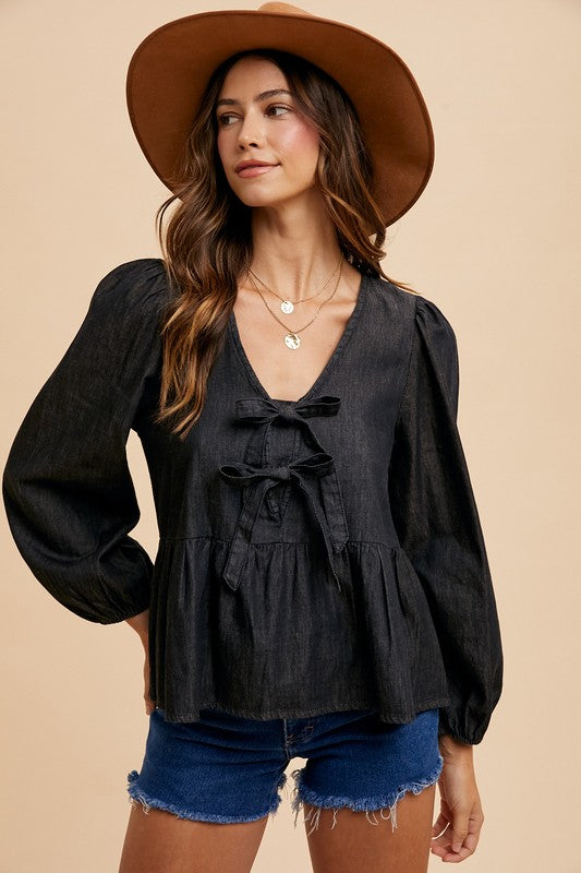 Tie Front Peplum Long Sleeve Denim Top